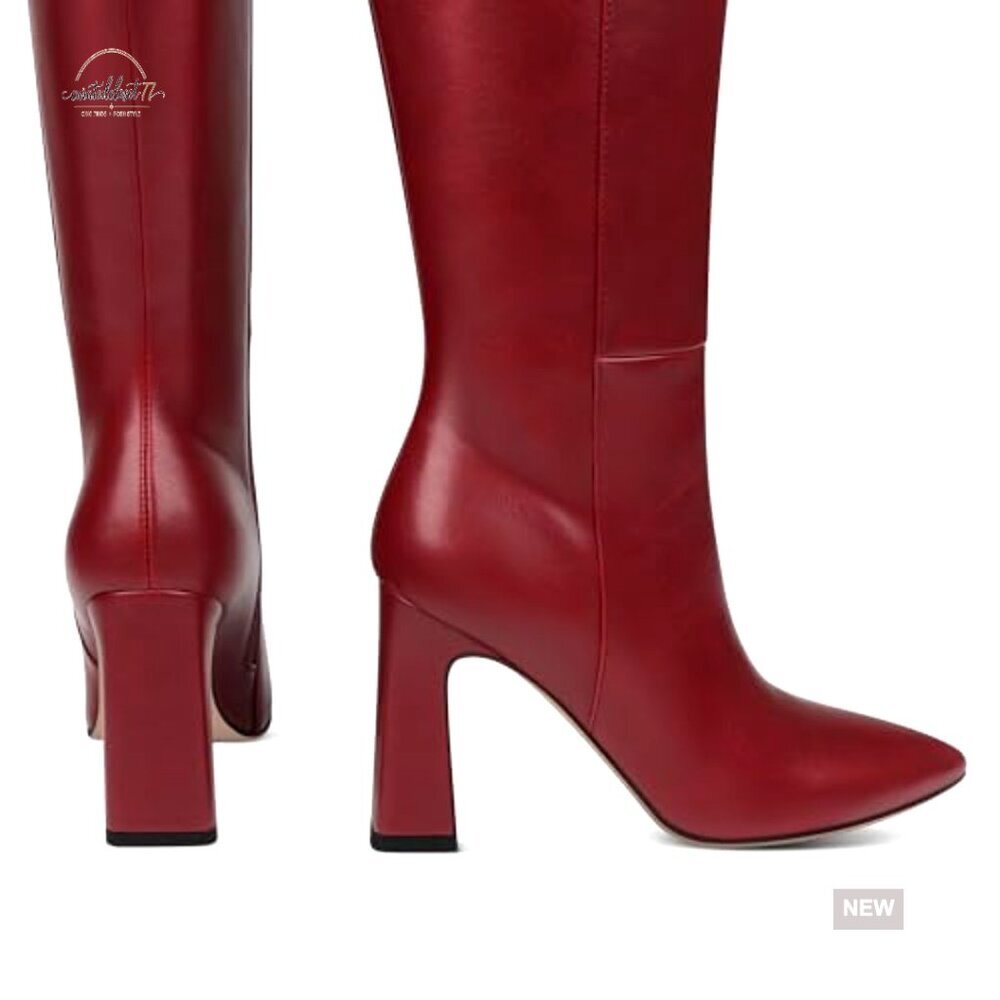 Knee High Boots Chunky Heel Pointed Toe Zipper Synthetic Leather - Picture 5 of 7